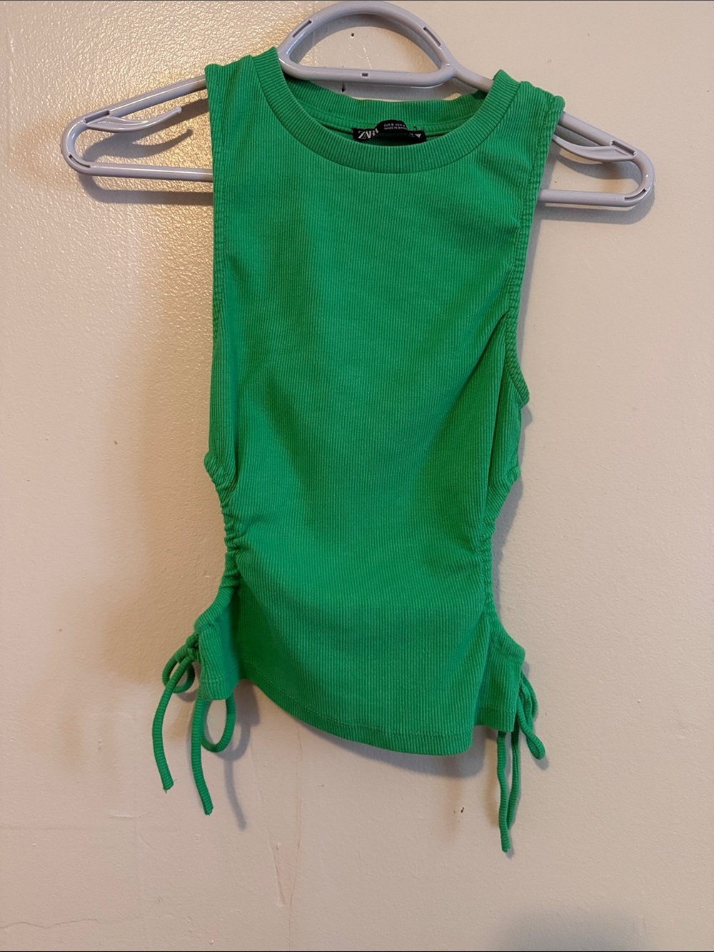 Zara Bright Green Ribbed Side-Tie Sleeveless Top